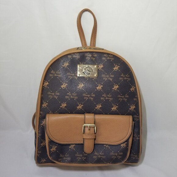 Beverly Hills Polo Club Handbags - Beverly Hills Polo Club Womens Monogram Backpack Purse Brown Beige Zipper Close